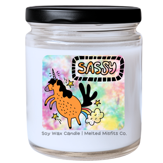 Hand-Poured Soy Candle - Sassy Unicorn Tie-Dye Design - Custom Scents: Baby Powder, Fresh Laundry, Cocoa Butter - Melted Misfits Candle