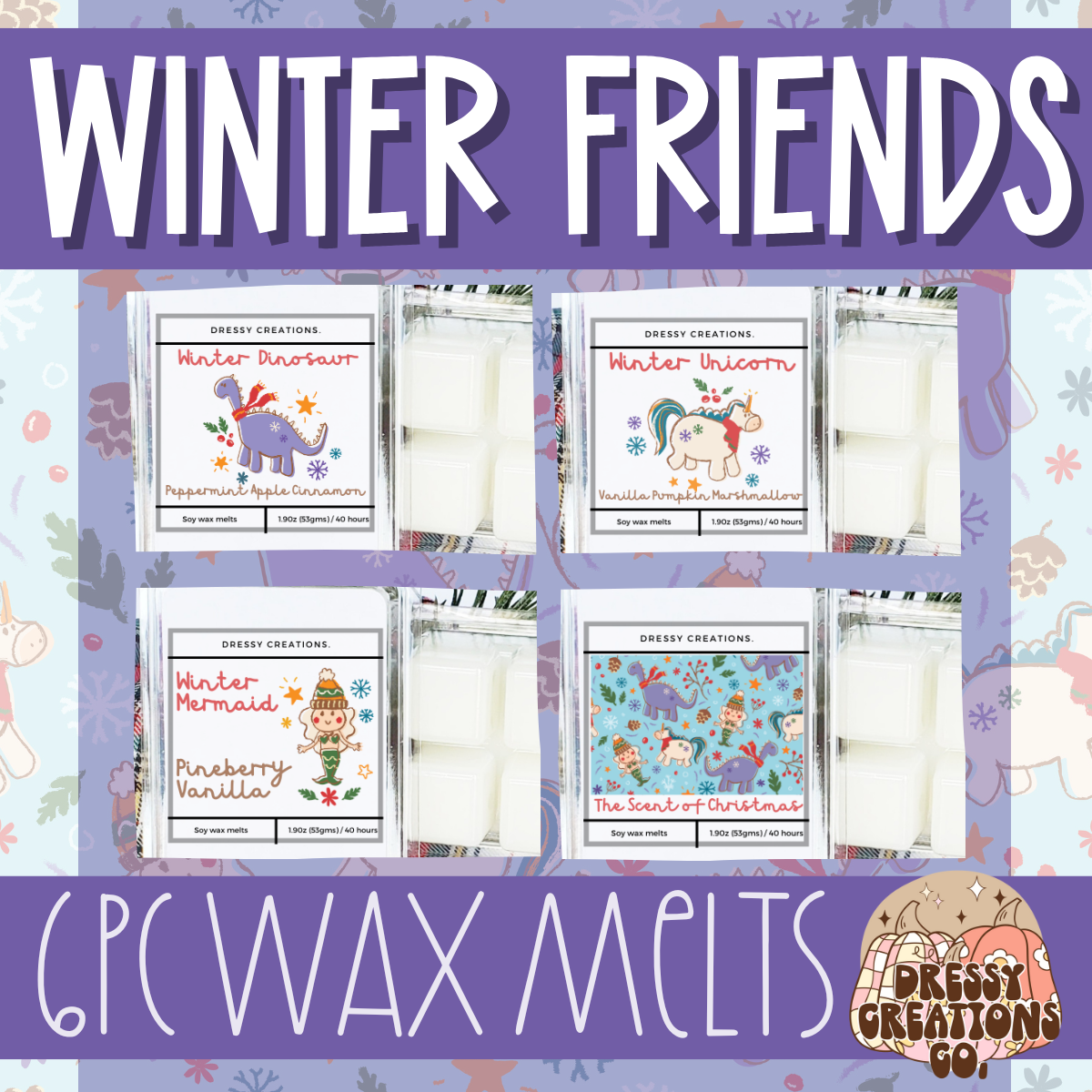 Winter Friends Wax Clamshell - Mermaid, Unicorn, Dinosaur !MOQ 12!